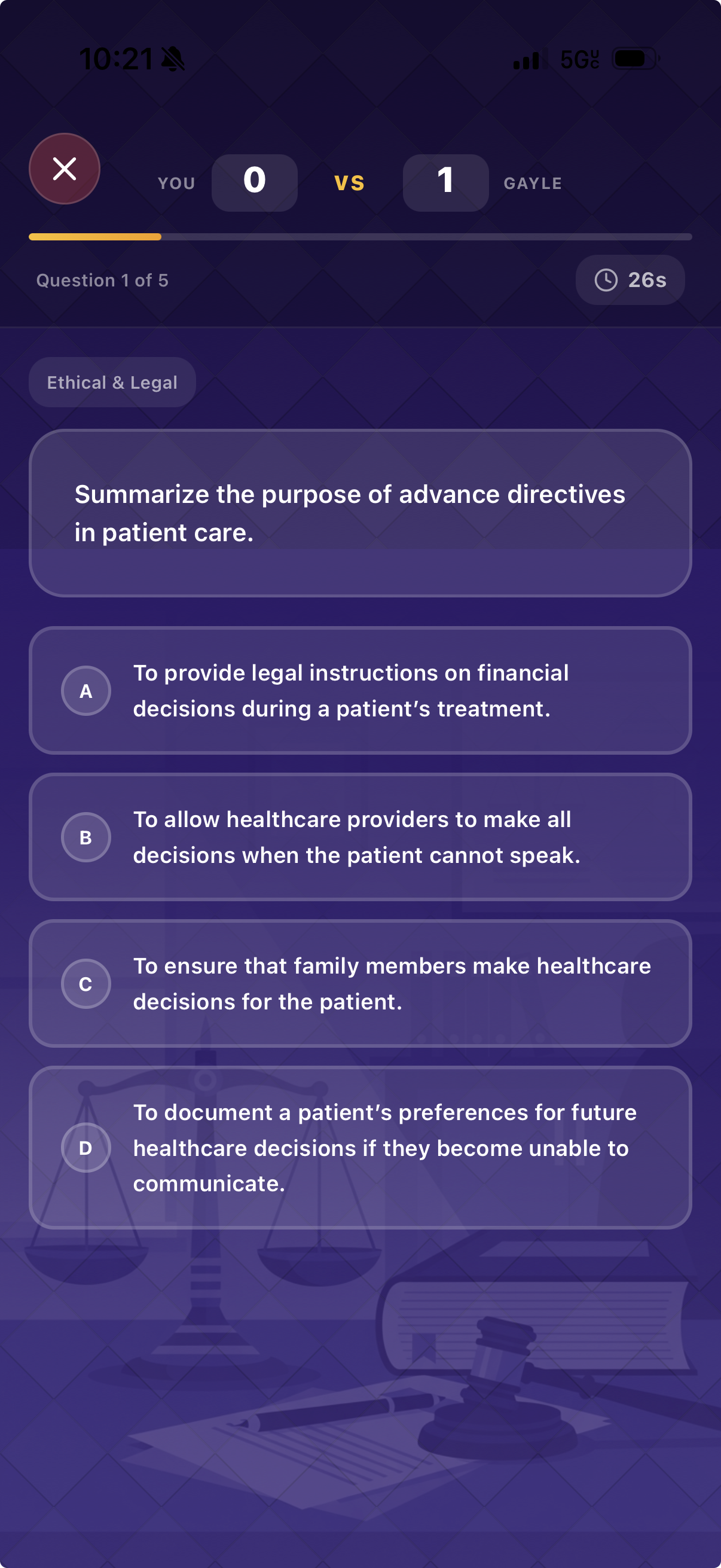 NCLEX Showdown battle interface showing a head-to-head quiz