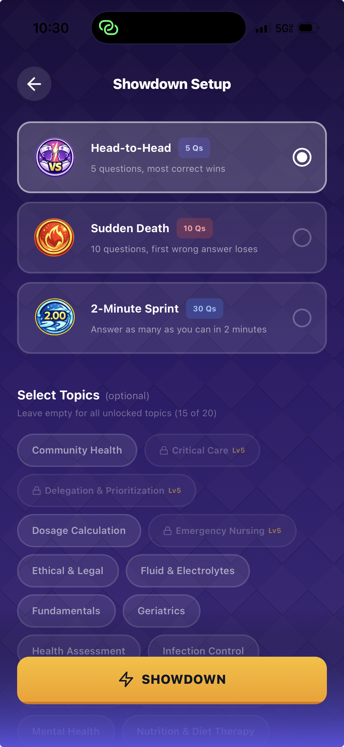 Game mode selection screen with Head-to-Head, Sudden Death, and Sprint options