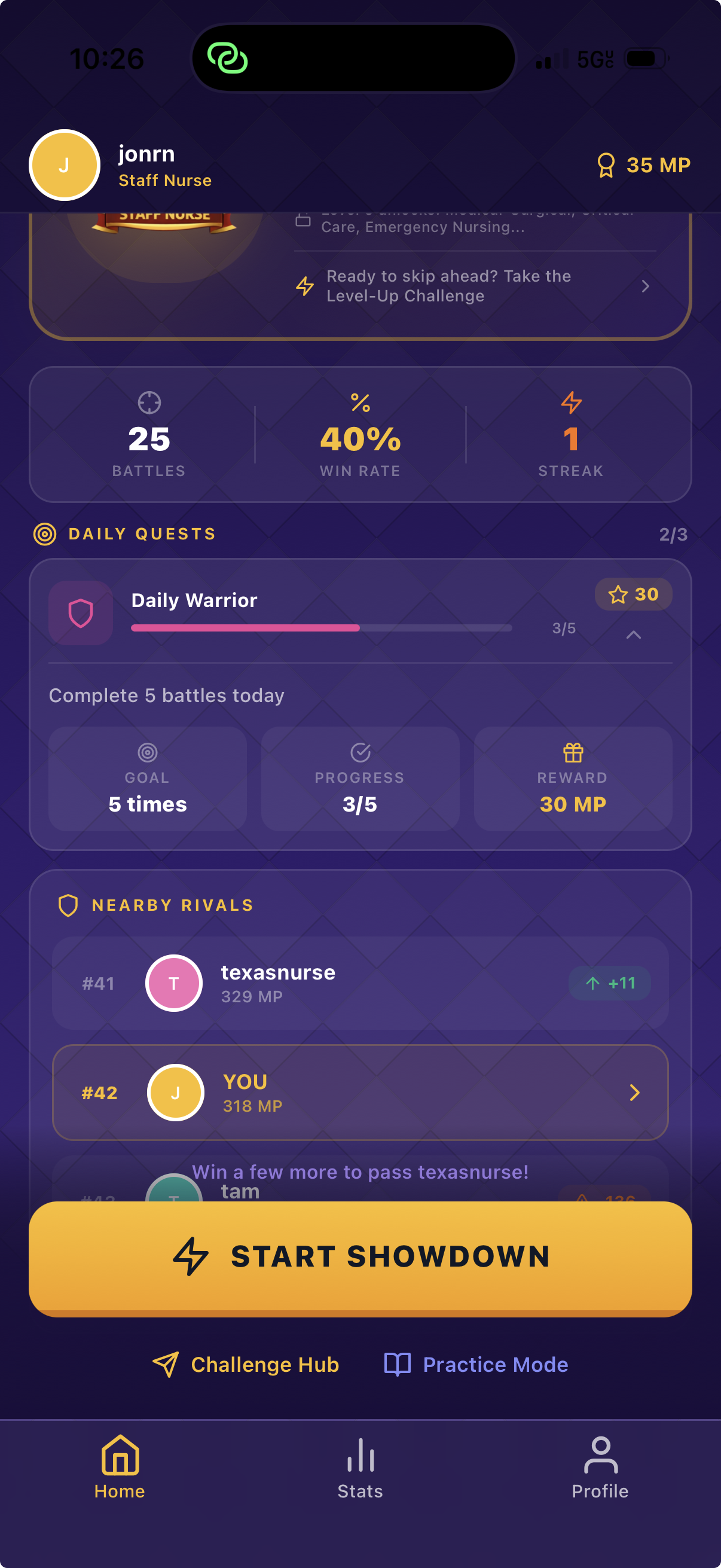 Daily quests screen showing study challenges and rewards