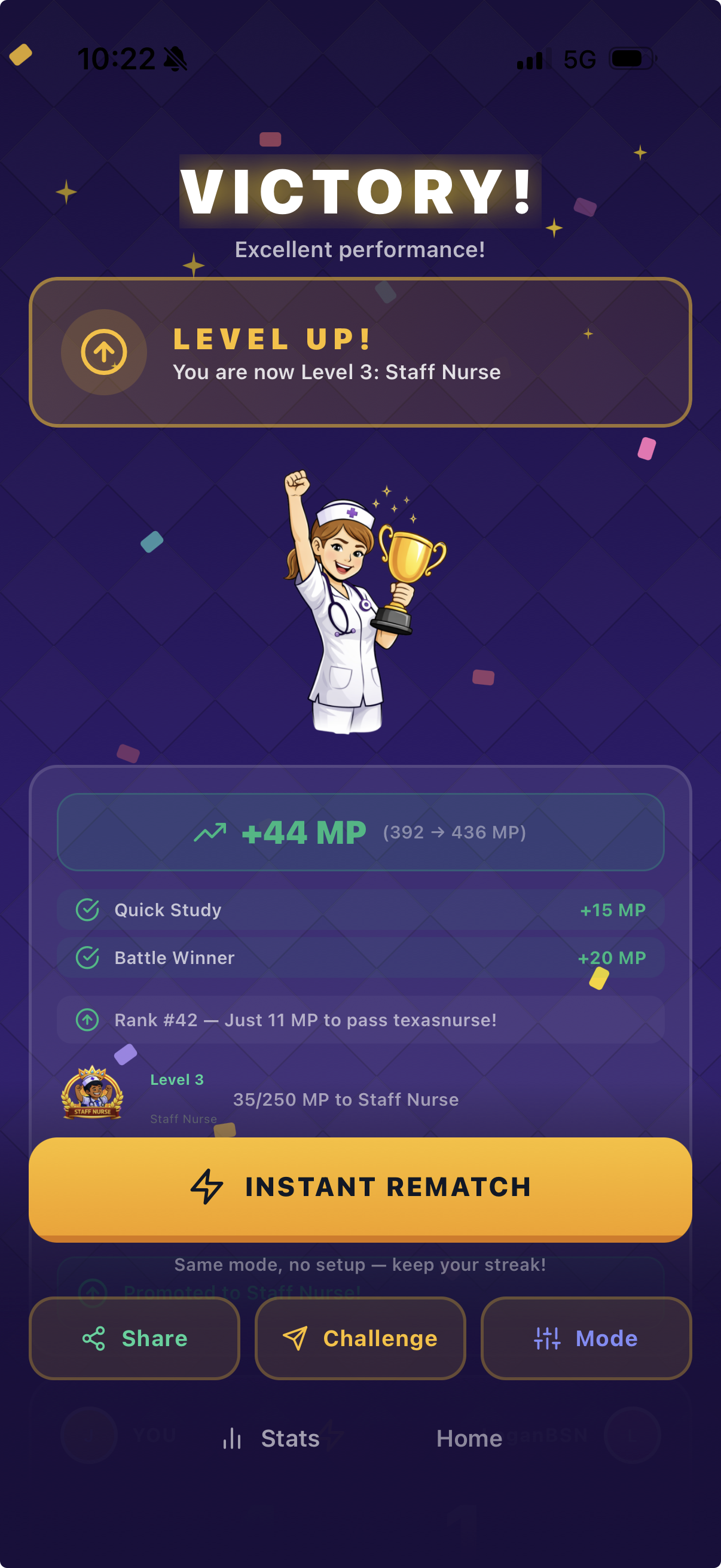 Victory screen showing quiz battle results and score